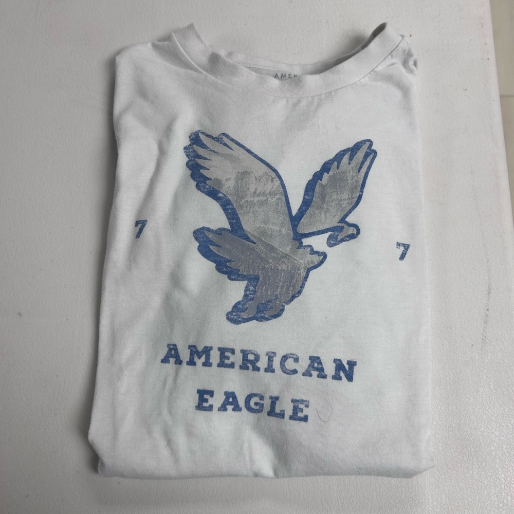 American Eagle Soft White Tee with Blue Text